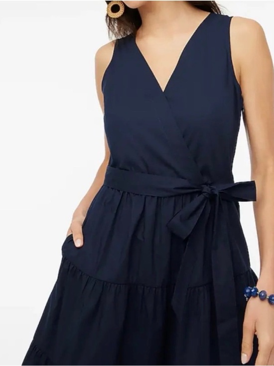 J. Crew Factory Navy V-Neck Tiered Midi Dress with Waist Tie - Picture 3 of 4